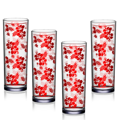 BARCONIC® COLLINS GLASS - RED HIBISCUS PATTERN - 9.5 OUNCE