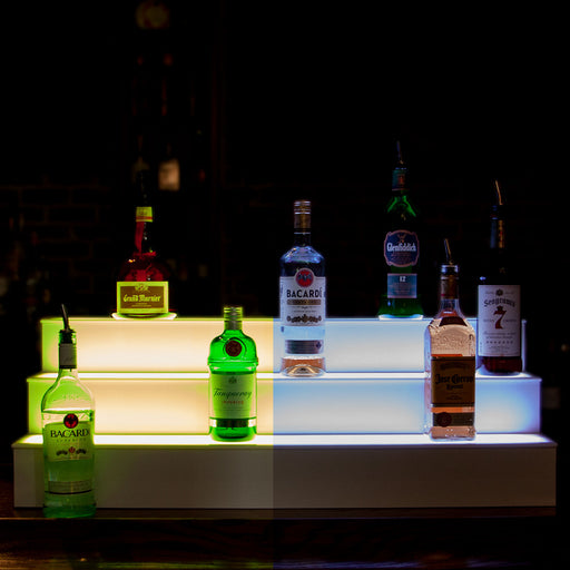 BarConic® LED Liquor Bottle Display Shelf - 3 Tier (Step) - White - Multi-Colored Lights