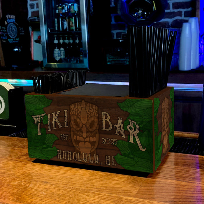 Customizable Wooden Bar Caddy - Tiki Leaves