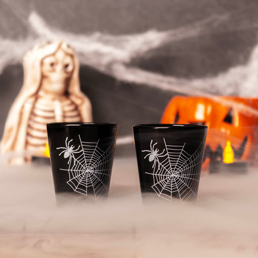 Printed Black Shot Glasses - Halloween Themed - Spider Web