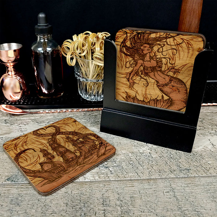 Wooden Coasters - Mythological Creatures - Set of 4 w/ Coaster Caddy