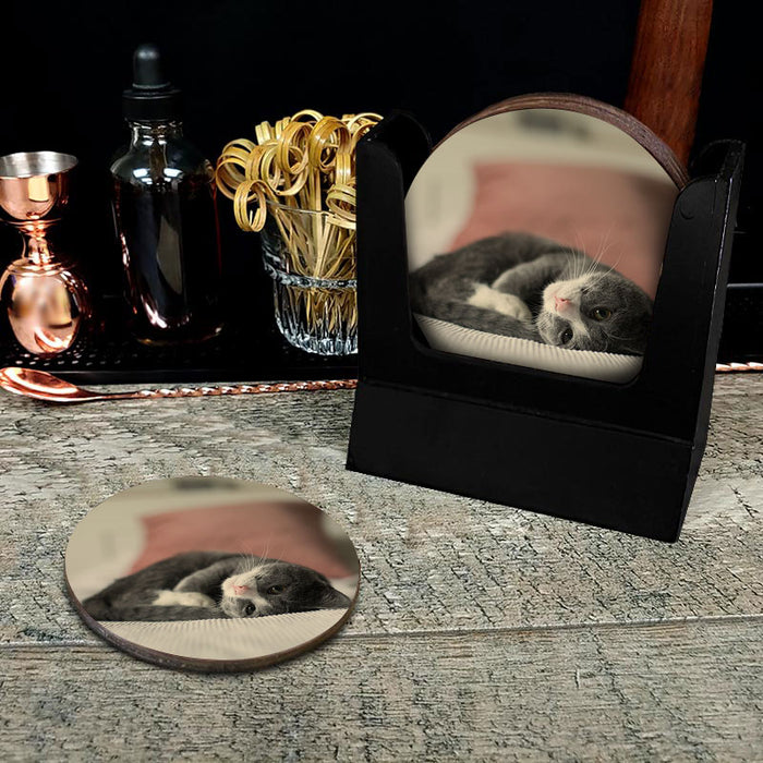 Custom Wooden Round Coasters - Upload Your Photo  - Set of 4 w/ Coaster Caddy