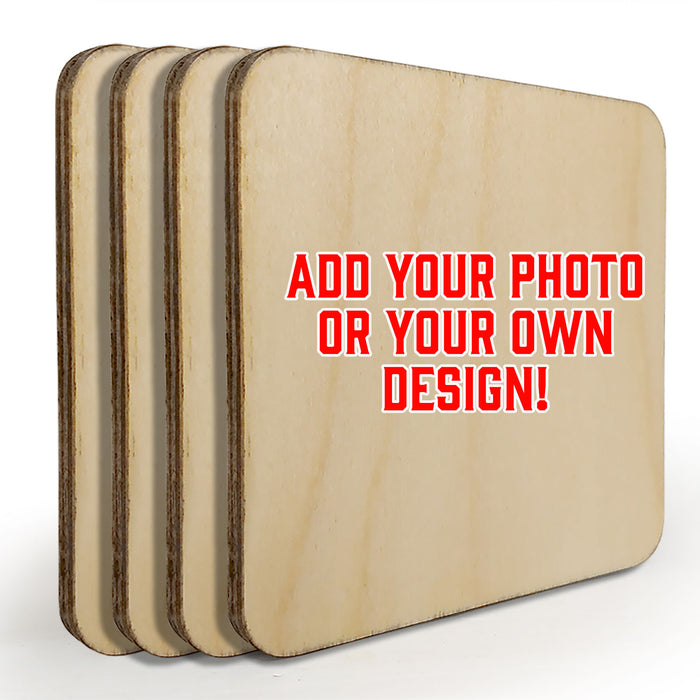 Custom Wooden Square Coasters - Upload Your Photo - Set of 4 w/ Coaster Caddy