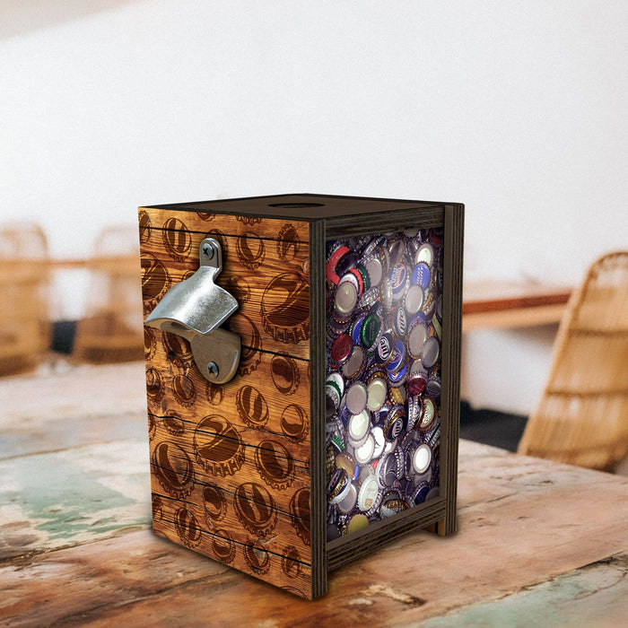 Wooden Bottle Cap Holder Box with Metal Bottle Opener - Walnut Stain - Beer Cap Design