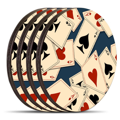 Wooden Round Coasters - Playing Cards - Set of 4 W/ Coaster Caddy