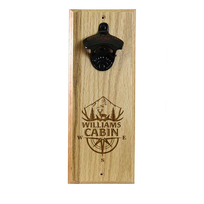 Custom Engraved Mountain Cabin Design Wooden Wall Bottle Opener w/ Magnetic Cap Catcher