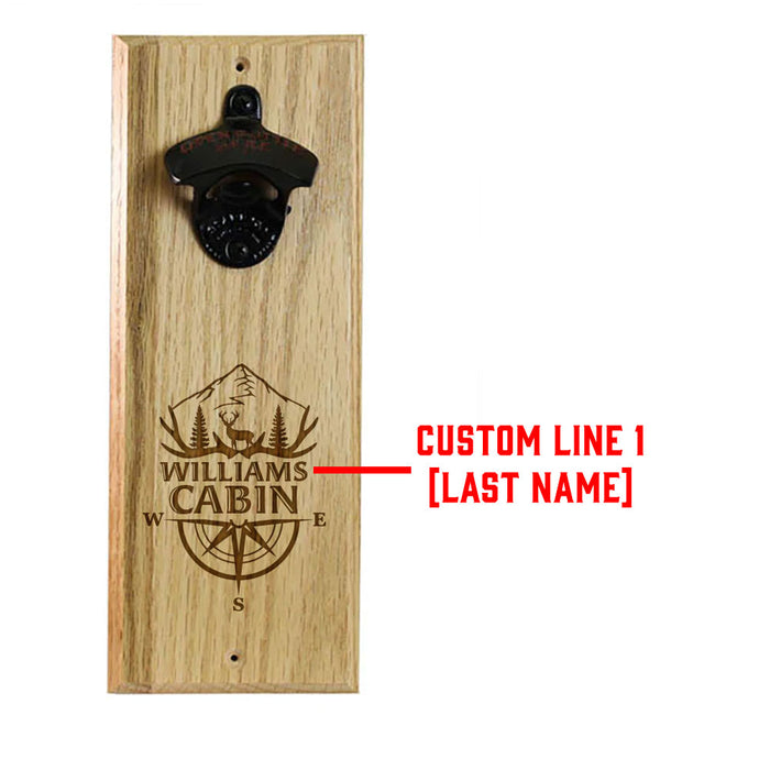 Custom Engraved Mountain Cabin Design Wooden Wall Bottle Opener w/ Magnetic Cap Catcher