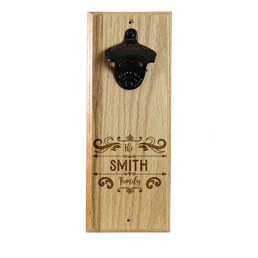 Custom Engraved Family Name Decorative Design Wooden Wall Bottle Opener w/ Magnetic Cap Catcher