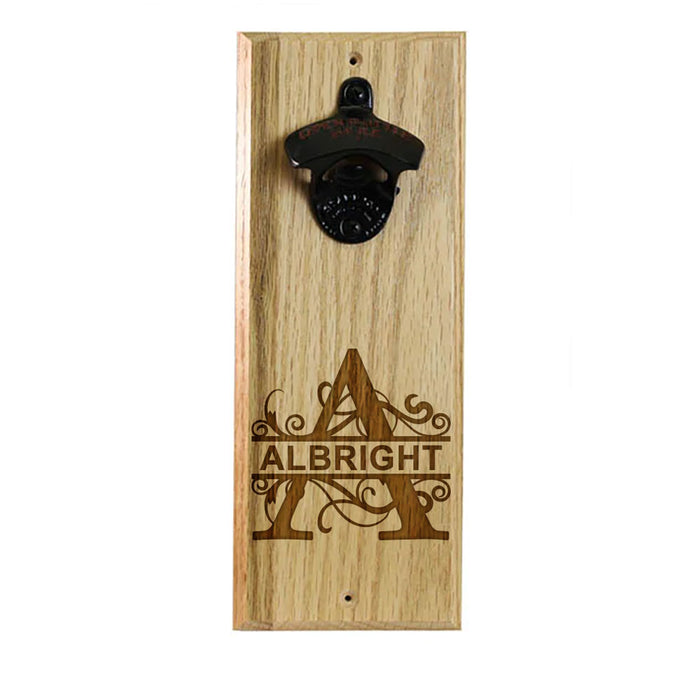 Custom Engraved Monogram Wooden Wall Bottle Opener w/ Magnetic Cap Catcher