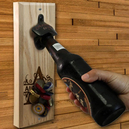 Custom Engraved Monogram Wooden Wall Bottle Opener w/ Magnetic Cap Catcher