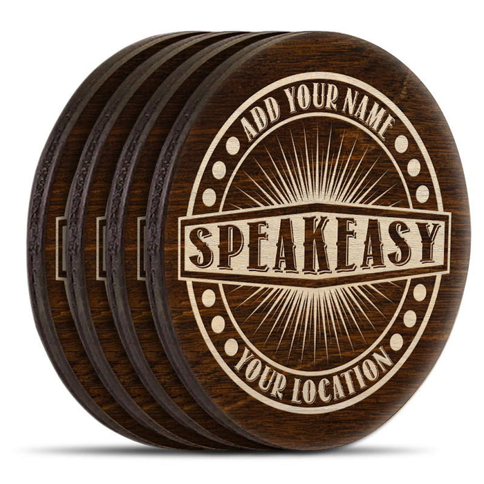 Wooden Round Coasters - Customizable Engraved - Speakeasy Theme - Set of 4