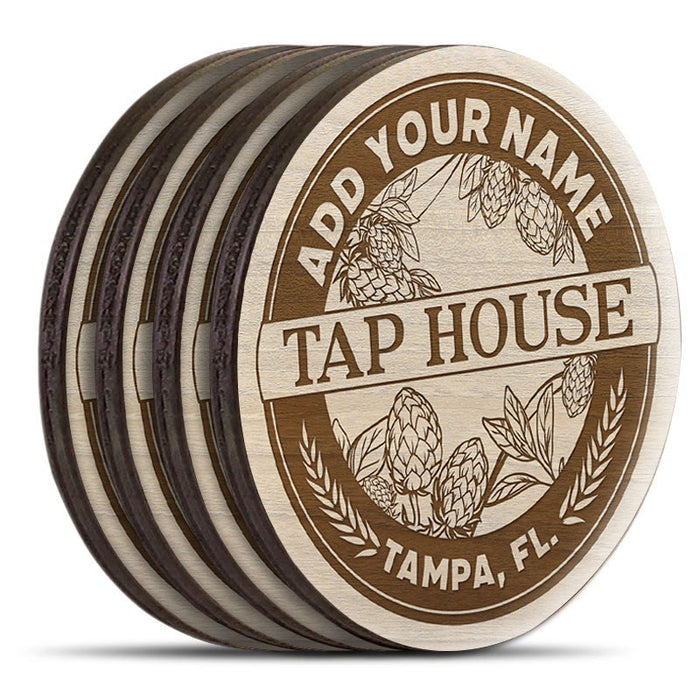 Wooden Round Coasters - Customizable Engraved - Tap House Theme - Set of 4