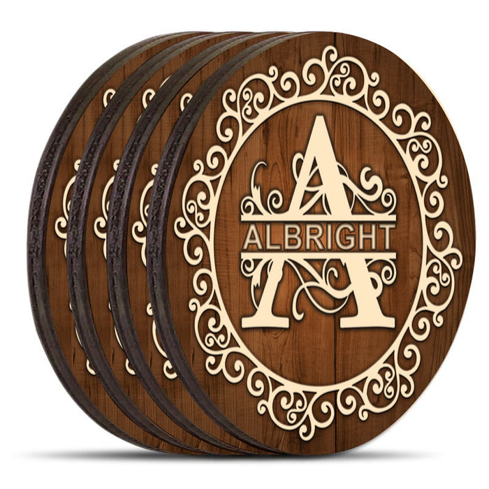 Wooden Round Coasters - Customizable - DARK WOOD With Decorative Design