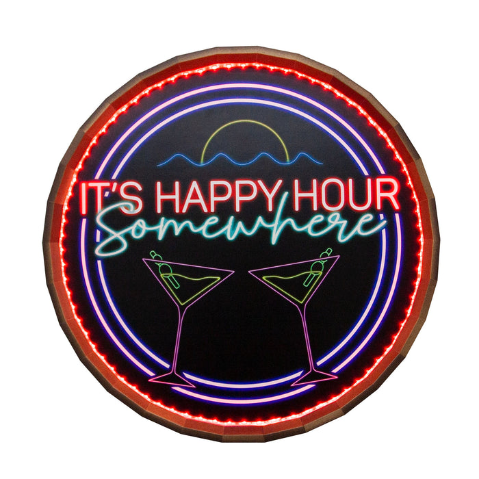 LED Wood Barrel Top Sign - Happy Hour