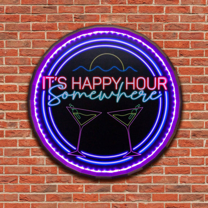 LED Wood Barrel Top Sign - Happy Hour