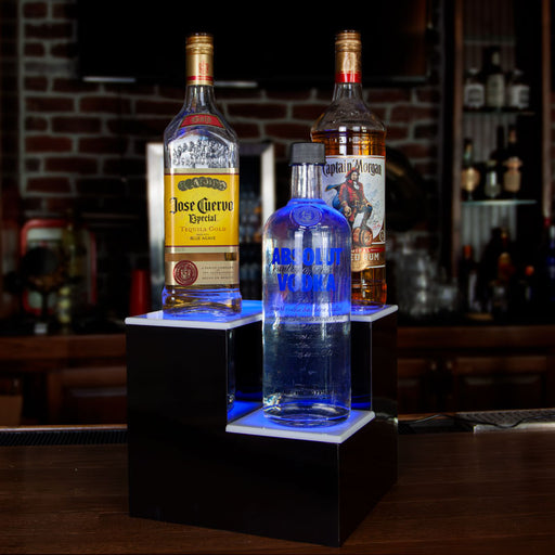 BarConic® LED Liquor Bottle Display Shelf - 2 Tier Inner Corner - Black - Multi-Colored Lights