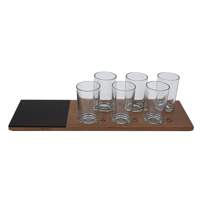 6 Numbered Beer Flight with Walnut Finish and Chalk Strip - Includes 5.5oz Highball Glasses