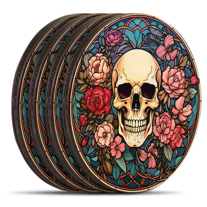 Wooden Round Coasters - Multiple Stained Glass Skulls Design 6