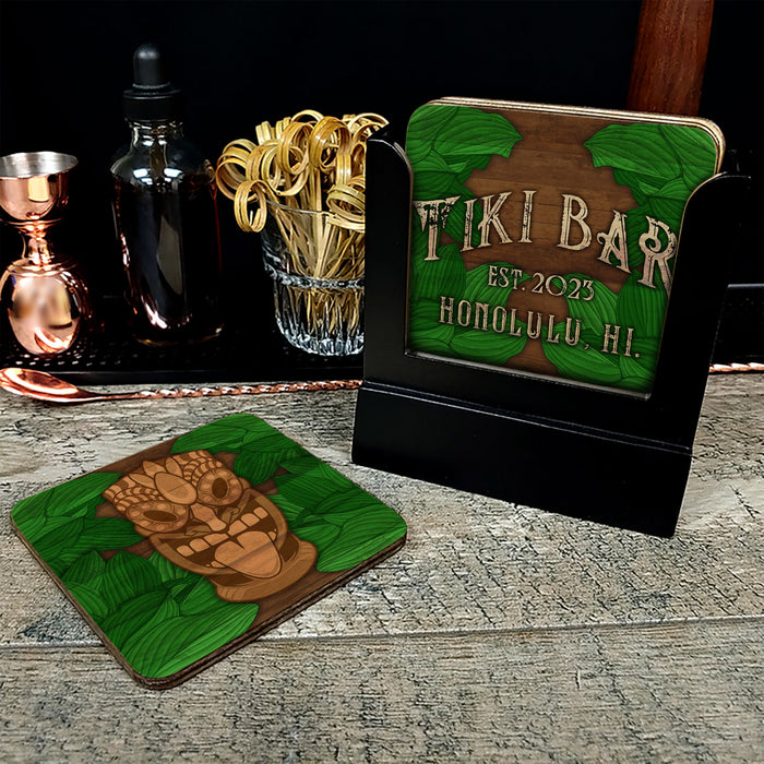 Wooden Square Coasters - Customizable - Tiki Leaves - Set of 4