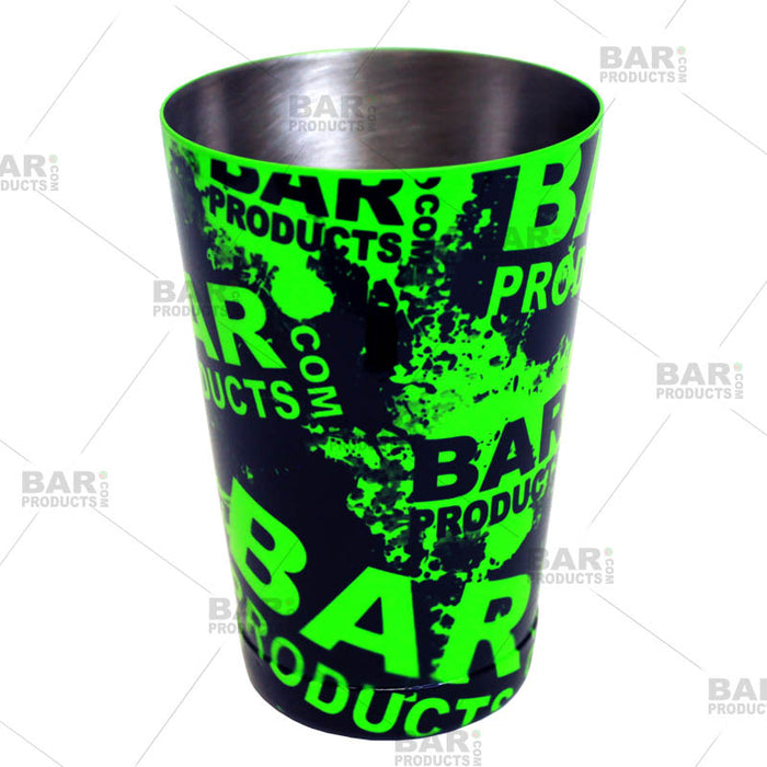 Cocktail Shaker Tin - Printed Designer Series - 18oz weighted - NEON GREEN Grungy BPC Logo