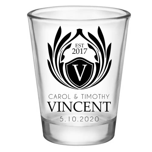 CUSTOMIZABLE - 1.75oz Clear Wedding Shot Glass - Crest (Version 1)