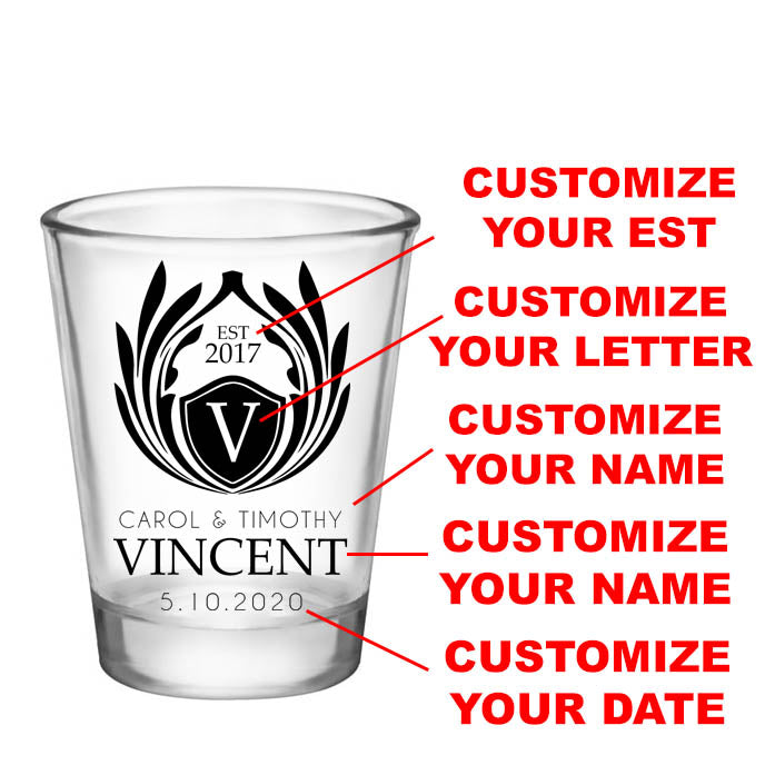 CUSTOMIZABLE - 1.75oz Clear Wedding Shot Glass - Crest (Version 1)