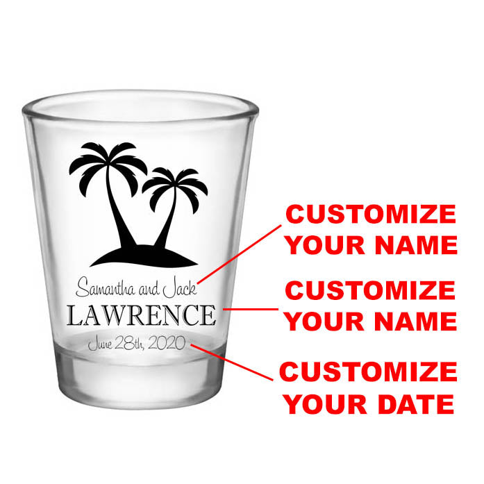 CUSTOMIZABLE - 1.75oz Clear Wedding Shot Glass - Palm Trees