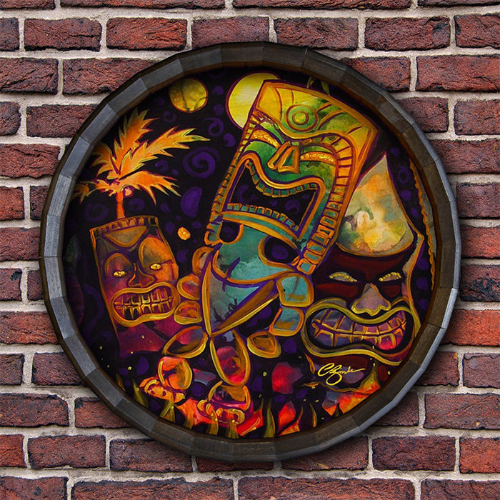 Tiki Fire Night Wood Barrel Top Sign/Clock