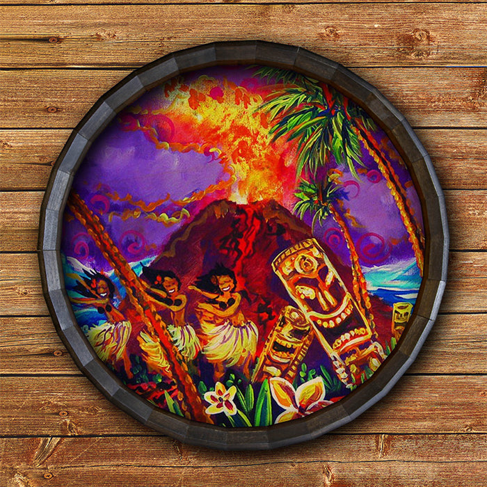 Tiki Hula Show Bar Wood Barrel Top Sign/Clock