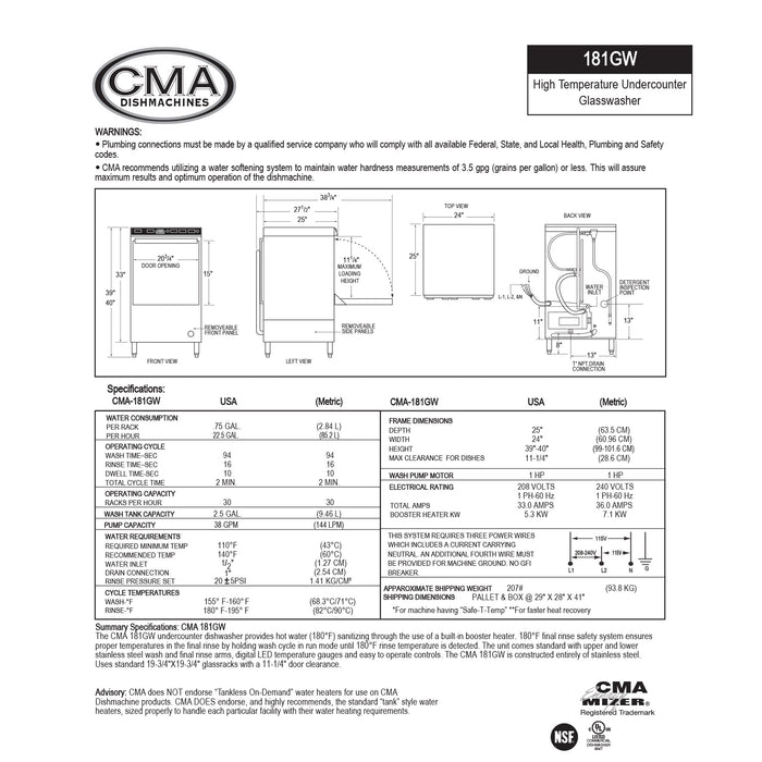 CMA HIGH TEMP UNDER COUNTER GLASSWASHER 208V/60/1-PH