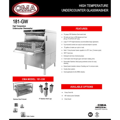 CMA HIGH TEMP UNDER COUNTER GLASSWASHER 208V/60/1-PH