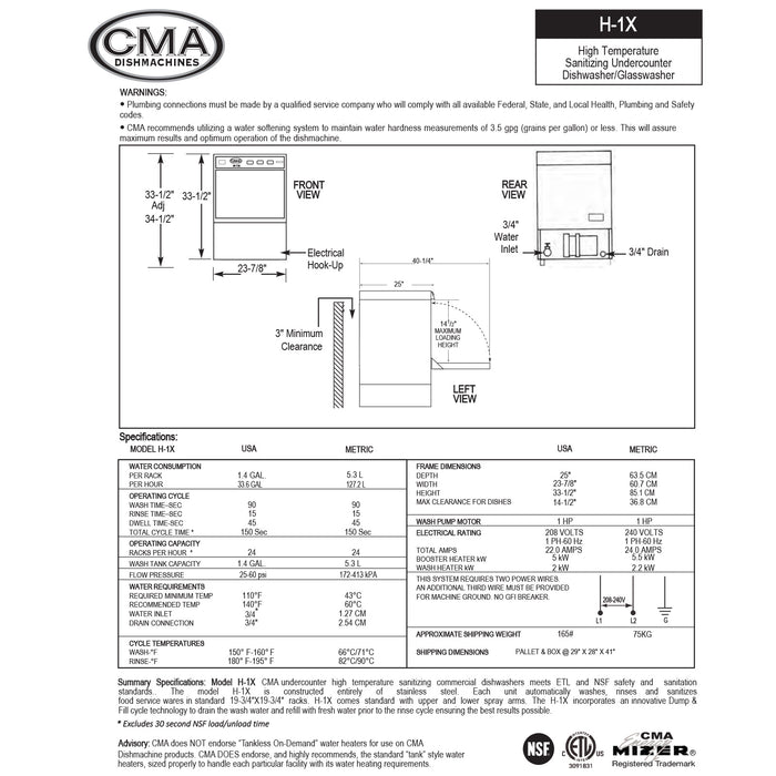 CMA HIGH TEMP UNDER COUNTER GLASSWASHER