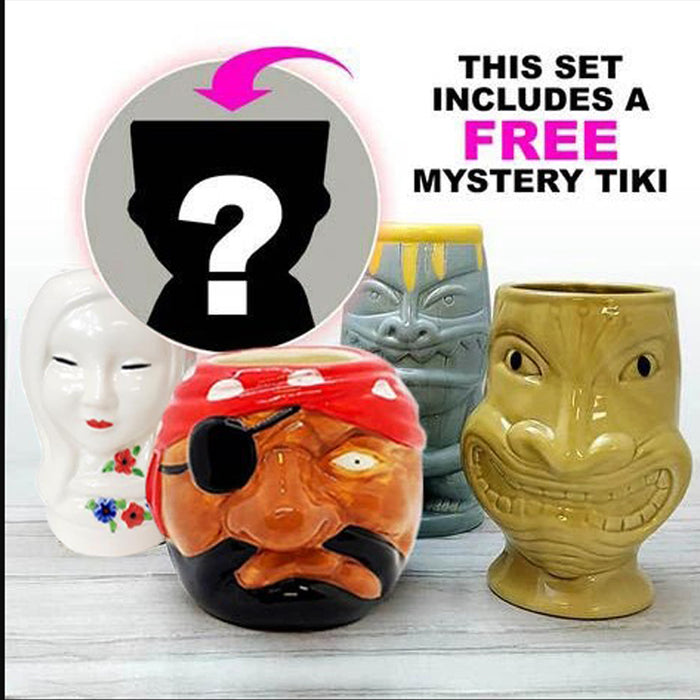 TIKI MUG DRINKWARE PACK - STRANDED ISLAND - SET OF 4 + FREE MYSTERY TIKI