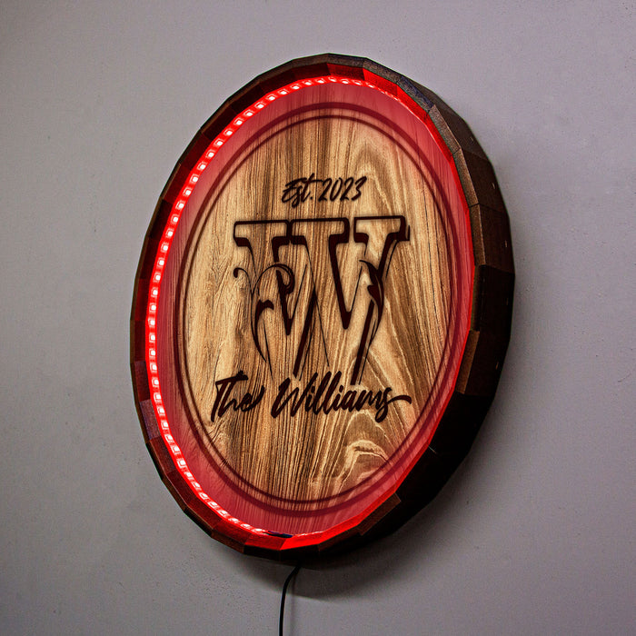 Custom LED Wood Barrel Top Sign - Family Monogram