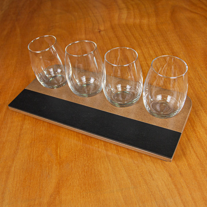 Wine Flight with Walnut Finish and Chalk Strip - 7.5oz Stemless Wine Glasses