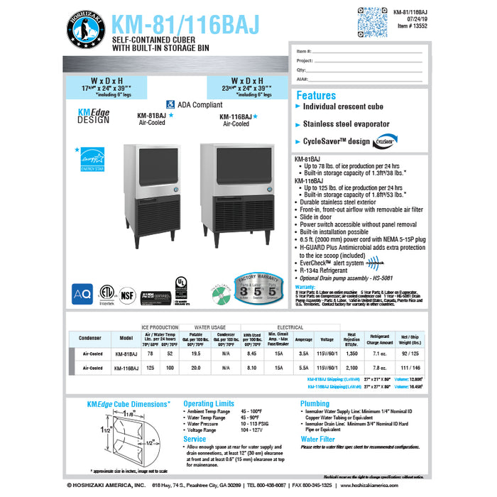 Hoshizaki 78 lbs. Crescent Cube UnderCounter Ice Maker - Air Cooled