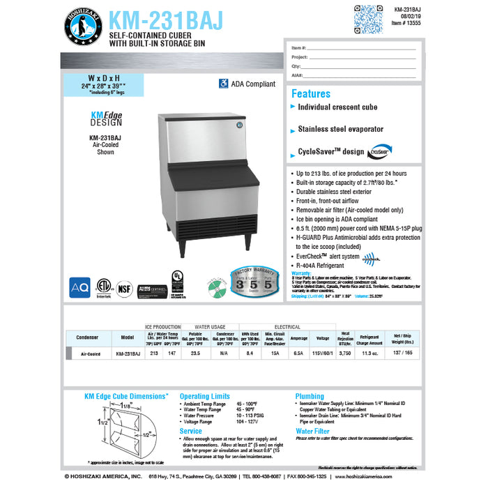 Hoshizaki Air Cooled 80 lb. Storage Crescent Cube Ice Maker with Bin