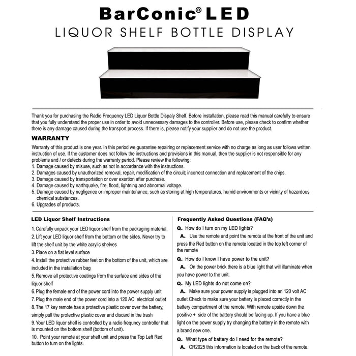 BarConic® LED Liquor Bottle Display Shelf - 1 Step - Polished Mirrored Metal - Several Lengths