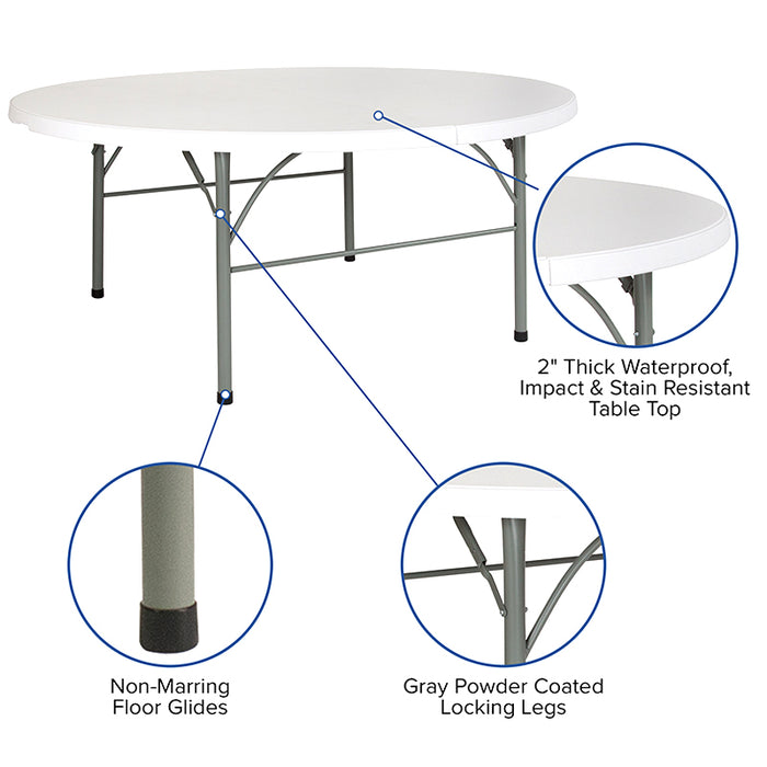 Round White Granite Bi-Fold Plastic Table with Carrying Handle - 6-Foot