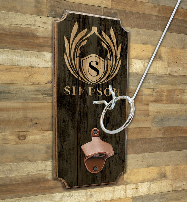 CUSTOMIZABLE Wall Mounted Ring Toss Game with Bottle Opener - Emblem Monogram Design