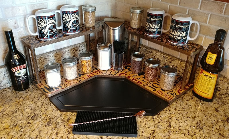 Counter Caddies™ - Corner Shelf - "BARISTA" Themed Artwork - w/ Trash Can Inset - mugs spices coffee condiments supplies