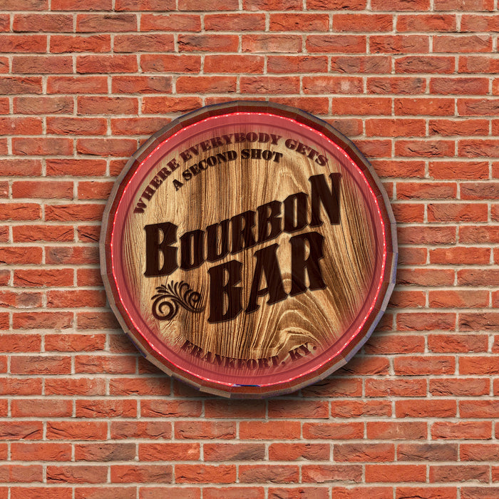 Custom LED Wood Barrel Top Sign - Bourbon Bar