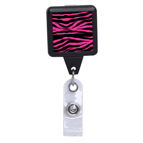 Pink Zebra Print - Black Square Plastic Badge Reel