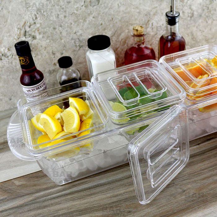 Plastic Condiment and Garnish Caddy - 3 inserts w/ Lids