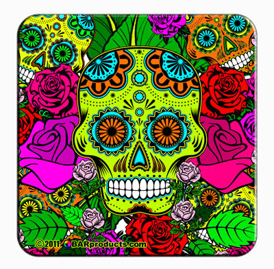 Cork Bottom Coaster - Sugar Skulls Yellow