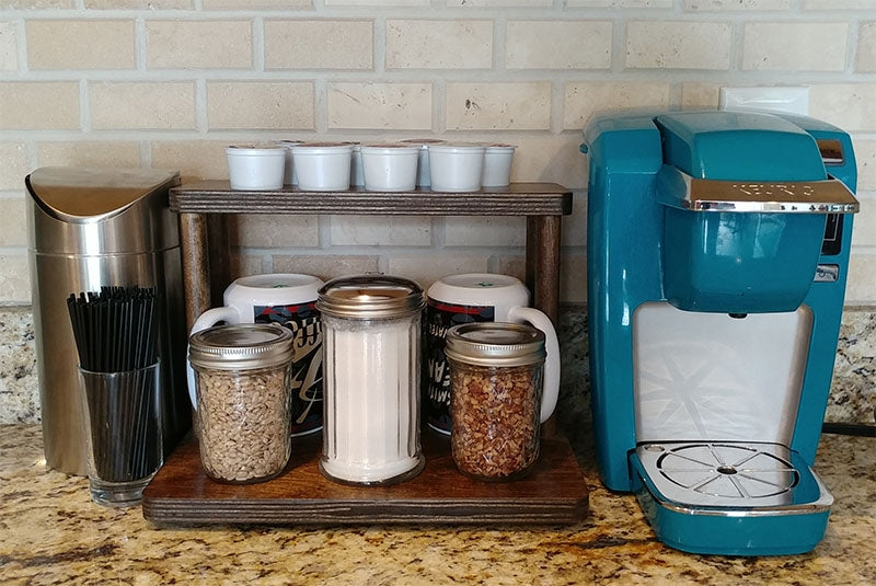 Counter Caddies™ - Walnut-Stained Straight Shelf - w/ K-Cup Holes - coffee barista supplies