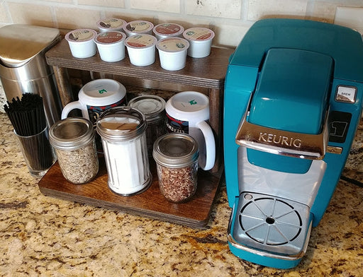 Counter Caddies™ - Walnut-Stained Straight Shelf - w/ K-Cup Holes - coffee barista supplies