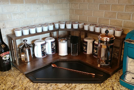 Counter Caddies™ - Walnut-Stained Corner Shelf - Barista Style w/ K-CUP Holes - coffee mugs supplies condiments