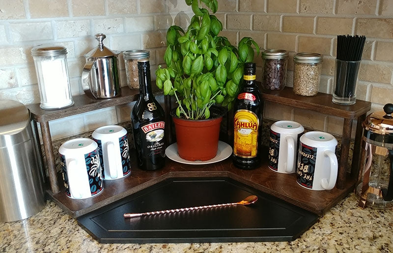 Counter Caddies™ - Walnut-Stained Corner Shelf - Barista Style - coffee mugs condiments supplies