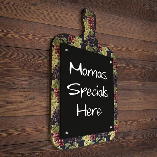 Wood Plaque Menu - Cutting Board Shaped Chalkboard - Grapes Wine Design